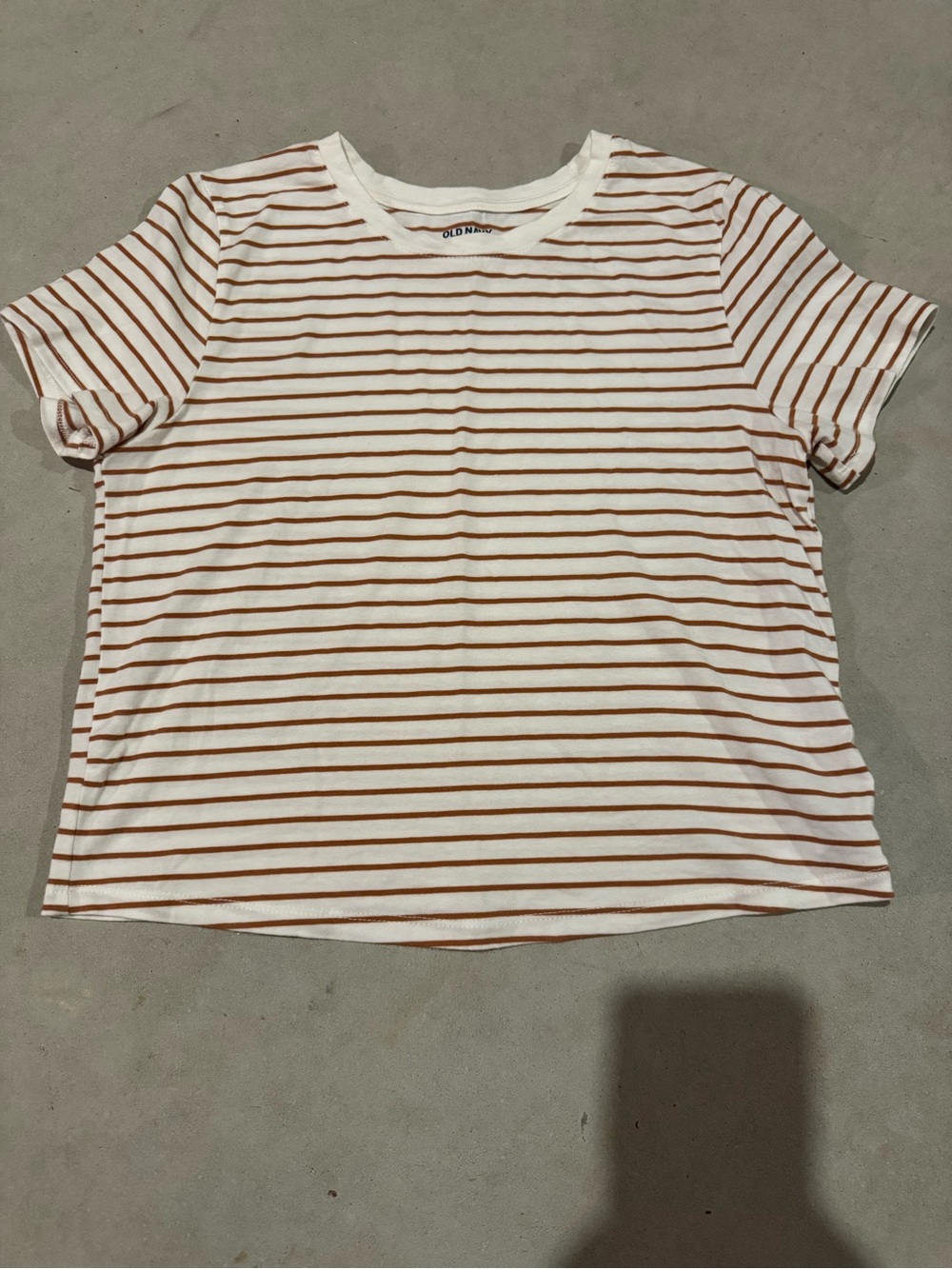 Old Navy White Tee with Brown Stripes - Short Sleeve Crewneck